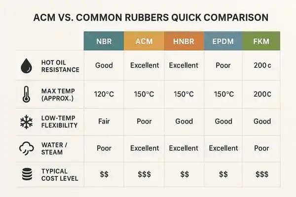 How does ACM compare with NBR, HNBR, EPDM, and FKM